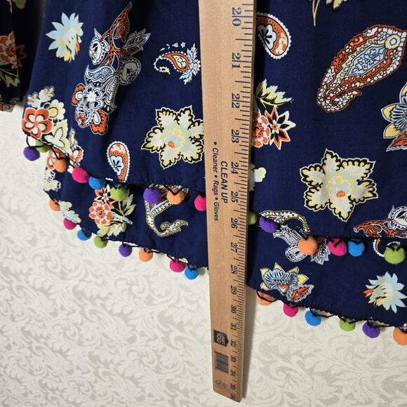 Entro Pom Pom Tunic Top sz L Blue Multicolor Paisley Floral Layered Boho Fairy - Picture 16 of 16